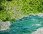  day flower grass highres naoy_watercolor no_humans original painting_(medium) plant pond purple_flower rock scenery sunlight traditional_media tree vines water watercolor_(medium) wisteria 