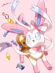  amulet_coin backpack bag blue_eyes blush bright_pupils brown_bag candy_wrapper character_print commentary_request eevee fang highres looking_up no_humans open_mouth pink_background pokemon pokemon_(creature) potion_(pokemon) signature skin_fang solo surumeika_(ninfiiiir) sylveon white_pupils 