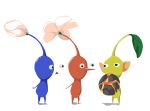  black_eyes blue_pikmin blue_skin bomb_rock bud colored_skin commentary_request flower full_body gokuu_(acoloredpencil) highres holding_rock leaf looking_at_another no_humans no_mouth pikmin_(creature) pikmin_(series) pointy_ears pointy_nose red_pikmin red_skin shadow triangle_mouth white_background white_flower yellow_pikmin yellow_skin 