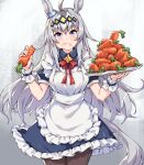  1girl :3 ahoge alternate_costume animal_ears bara_(totocos) black_pantyhose blue_eyes carrot commentary_request cowboy_shot dress eating enmaided food food_on_face frilled_dress frills gradient_background grey_hair hair_between_eyes hair_ornament highres holding holding_tray horse_ears horse_girl horse_tail long_hair looking_at_viewer maid multicolored_hair oguri_cap_(umamusume) pantyhose procreate_(medium) puffy_short_sleeves puffy_sleeves scrunchie short_sleeves smile solo streaked_hair tail tray umamusume wrist_scrunchie 