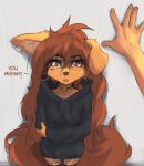  2023 absurd_res anthro anthro_focus apogee_(tinygaypirate) breasts canid canine canis clothed clothing dialogue digital_media_(artwork) disembodied_hand domestic_dog duo english_text female female_anthro female_focus floppy_ears fur hair hi_res high-angle_view hoodie human kabedon kemono legwear long_hair looking_at_viewer mammal pantsless piercing small_breasts solo_focus spitz tail talking_to_viewer tattoo text thigh_highs tinygaypirate topwear 