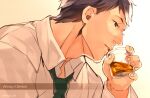  1boy alcohol bertolt_hoover black_hair collared_shirt cup drinking_glass green_necktie holding holding_cup kyosuke male_focus necktie shingeki_no_kyojin shirt short_hair solo upper_body whiskey wine_glass 