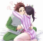  1boy 1girl ? ?? black_hair brown_hair butterfly_hair_ornament green_pants green_shrit hair_ornament kamado_tanjirou kimetsu_no_yaiba long_hair long_sleeves multicolored_shirt pajamas pants red_eyes red_hair san_mon scar scar_on_face short_hair shorts side_ponytail striped striped_pajamas striped_shorts tsuyuri_kanao 