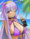  1girl arkchsky bare_shoulders bb_(fate) bb_(swimsuit_mooncancer)_(fate) beach bikini black_gloves blue_sky blush breasts cleavage dark-skinned_female dark_skin fate/grand_order fate_(series) fingerless_gloves gloves hair_ornament hair_ribbon hairband large_breasts licking_lips long_hair looking_at_viewer neck_ribbon one_eye_closed palm_tree purple_bikini purple_eyes purple_hair ribbon sky smile solo star_(symbol) star_hair_ornament swimsuit tan tongue tongue_out tree v very_long_hair 