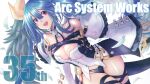  1girl angel_wings anniversary arc_system_works asymmetrical_wings bare_shoulders belt black_panties blue_hair breasts cleavage commentary_request dizzy_(guilty_gear) feathered_wings feathers guilty_gear guilty_gear_xrd hair_ribbon highres large_breasts long_hair mariebell monster_girl open_mouth panties ribbon sidelocks solo teeth thick_thighs thigh_strap thighs twintails underwear upper_teeth_only very_long_hair wide_sleeves wings yellow_ribbon 