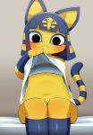  2023 animal_crossing ankha_(animal_crossing) anthro black_eyes breasts chest_wraps clothed clothing clothing_lift domestic_cat egyptian_headdress felid feline felis female front_view fur hair hi_res humanoid_face mammal nintendo partially_clothed sitting solo sum tail white_clothing wraps yellow_body yellow_fur yellow_inner_ear yellow_tail 