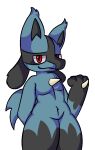  aliasing anthro black_body black_fur blue_body blue_fur canid canine canis fur gemon generation_4_pokemon girly jackal lucario male mammal nintendo outline pokemon pokemon_(species) red_eyes shaded solo thick_thighs white_outline 