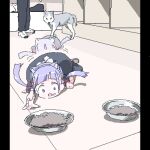  1other afterimage black_skirt blunt_bangs cat_ear_hairband commentary_request constricted_pupils crawling dog drooling floating_hair hair_ribbon indoors lokulo-chan lokulo_no_mawashimono long_hair looking_at_food low_twintails lowres on_floor open_mouth original out_of_frame parody pet_food pillarboxed purple_eyes purple_hair reaching red_ribbon ribbon skirt smile standing twintails wide-eyed 