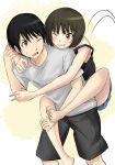  1boy 1girl ;d amagami arm_around_neck arm_around_shoulder bare_shoulders barefoot black_hair black_shorts black_tank_top blue_skirt blush bob_cut brother_and_sister brown_eyes brown_hair carrying carrying_person casual commentary cowboy_shot feet foot_out_of_frame furrowed_brow grin hand_on_another&#039;s_leg highres hug hug_from_behind jishaku_(user_rcuz2843) leg_lock legs loose_hair_strand messy_hair motion_lines one_eye_closed open_mouth piggyback pleated_skirt shirt short_hair short_sleeves shorts siblings skirt smile strap_slip sweatdrop t-shirt tachibana_jun&#039;ichi tachibana_miya tank_top toenails toes two-tone_background white_background white_shirt wince yellow_background 