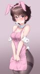  1girl absurdres akiyama_yoshiko animal_ears apron blush breasts brown_eyes brown_hair brown_pantyhose cleavage embarrassed fake_animal_ears fake_tail girls_und_panzer highres kuzuryuu_kennosuke large_breasts looking_at_viewer no_bra pantyhose parted_lips pink_background rabbit_ears rabbit_tail shiny_skin short_hair sideboob simple_background solo tail 