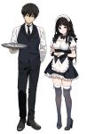  1boy 1girl apron black_dress black_footwear black_necktie black_pants black_shirt black_vest breasts buttons chitanda_eru closed_mouth collared_shirt dot_nose dress full_body green_eyes hair_ornament hairpin hand_in_pocket highres holding holding_tray hyouka large_breasts long_hair looking_at_viewer maid maid_apron maid_headdress mery_(yangmalgage) necktie oreki_houtarou own_hands_together pants purple_eyes scrunchie shirt shoes simple_background skindentation smile standing thighhighs tray vest waiter white_apron white_background white_shirt white_thighhighs wrist_scrunchie 