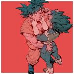  2boys ass ass_grab bara blue_bodysuit bodysuit cheek_pinching couple dougi dragon_ball dragon_ball_z foreshortening from_above grabbing_another&#039;s_ass groping highres male_focus multiple_boys muscular muscular_male orange_background pectoral_cleavage pectorals pinching receding_hairline short_hair sideburns son_goku spiked_hair supobi thick_eyebrows vegeta yaoi 