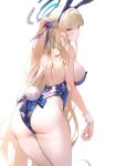  1girl animal_ears ass bare_shoulders blonde_hair blue_archive blue_eyes blue_halo blue_ribbon breasts drive_shot fake_animal_ears fake_tail from_behind hair_ribbon halo highres large_breasts long_hair md5_mismatch official_alternate_costume pantyhose playboy_bunny rabbit_ears rabbit_tail ribbon sideboob simple_background solo tail toki_(blue_archive) toki_(bunny)_(blue_archive) white_background white_pantyhose 
