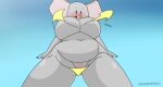  anthro beady_eyes big_breasts big_ears black_eyes blue_background blush breasts chunkiroll_(artist) clothing convenient_censorship elephant elephantid embarrassed eyelashes female grey_body hi_res huge_breasts looking_at_viewer loona_(chunkiroll) low-angle_view mammal navel onomatopoeia open_mouth overweight overweight_female proboscidean proboscis_(anatomy) simple_background solo sound_effects swimwear text thick_thighs torn_clothing trunk_(anatomy) wardrobe_malfunction wide_hips worm&#039;s-eye_view yellow_clothing yellow_swimwear 