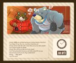  2023 absurd_res animal_crossing anthro bear bodily_fluids clothing curt_(animal_crossing) detailed_background duo exercise genitals grey_body grizzly_(animal_crossing) haxsmack hi_res inside male mammal musclegut musk nintendo overweight overweight_male penis shirt sweat topwear workout 
