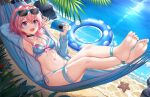  1girl absurdres ankle_ribbon arm_up armpits barefoot beach bikini bikini_under_clothes black_choker blue_bikini blue_eyes blue_shirt breasts camera choker collarbone crossed_legs day eyewear_on_head feet frilled_bikini frills full_body hammock hand_up highres holding holding_camera honkai:_star_rail honkai_(series) innertube leg_ribbon legs long_hair long_sleeves march_7th_(honkai:_star_rail) medium_breasts nail_polish navel open_clothes open_mouth open_shirt outdoors pink_bikini pink_eyes pink_hair pink_nails ribbon sand shiny_skin shirt skym_(kumei) soles solo starfish sunglasses swimsuit thigh_strap thighs toenail_polish toenails toes two-tone_bikini two-tone_eyes water 