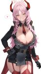  1girl belt black_belt black_gloves black_skirt blue_archive bra breasts commentary cowboy_shot garter_straps gloves grin halo hand_on_own_hip heart highres horns large_breasts long_hair long_sleeves looking_at_viewer military_jacket mole mole_on_breast necktie parted_bangs pink_hair preview_(preview0) red_bra red_necktie red_thighhighs romaji_commentary satsuki_(blue_archive) simple_background skindentation skirt smile solo spoken_heart thigh_gap thighhighs thighs underwear white_background yellow_eyes 