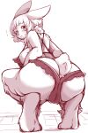  2023 anthro barefoot blush breasts butt camel_toe clothed clothing crouching digital_media_(artwork) feet female hi_res kemono lagomorph leporid lingerie long_ears looking_at_viewer mammal monochrome neck_tuft panties partially_clothed rabbit rear_view scut_tail setouchi_kurage short_tail simple_background sketch solo tail tuft underwear 