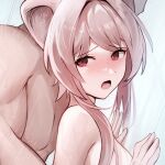  1boy 1girl against_wall animal_ears arknights blush completely_nude from_side hetero implied_sex krirk lin_(arknights) long_hair looking_at_viewer looking_to_the_side mouse_ears nude out-of-frame_censoring pink_hair red_eyes showering solo_focus swept_bangs tile_wall tiles upper_body 
