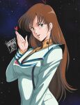  1980s_(style) 1girl 2023 blowing_kiss brown_hair danmakuman dated hayase_misa highres long_hair macross macross:_do_you_remember_love? military military_uniform radio retro_artstyle science_fiction signature space starry_background uniform 