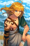  1boy ahoge arm_tattoo artist_name blonde_hair caminukai closed_mouth cloud day highres link long_hair looking_at_viewer male_focus outdoors pointy_ears short_sleeves single_bare_shoulder sitting smile solo tattoo the_legend_of_zelda the_legend_of_zelda:_tears_of_the_kingdom 