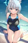  1girl absurdres animal_ear_fluff animal_ears barefoot black_one-piece_swimsuit blue_archive blue_eyes breasts commentary_request competition_swimsuit covered_navel cross_hair_ornament extra_ears grey_hair hair_ornament halo highres kneeling leaning_forward looking_at_viewer low_ponytail medium_breasts medium_hair mismatched_pupils multicolored_clothes multicolored_swimsuit official_alternate_costume one-piece_swimsuit rkgk_ojisan shiroko_(blue_archive) shiroko_(swimsuit)_(blue_archive) solo swimsuit waves wolf_ears 