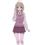  1girl :&gt; ahoge akamatsu_kaede backpack bag blonde_hair breasts brown_necktie collared_shirt cropped_legs danganronpa_(series) danganronpa_v3:_killing_harmony hair_ornament hand_up highres large_breasts long_hair long_sleeves miniskirt musical_note musical_note_hair_ornament musical_note_print necktie open_mouth pink_eyes pink_skirt pink_vest ru-pe_(gstm_0915) shirt simple_background skirt solo vest white_background 