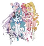  4girls blonde_hair blue_hair blush boots brooch choker closed_eyes closed_mouth commentary_request cure_blossom cure_marine cure_moonlight cure_sunshine dress earrings flower frilled_skirt frills hair_flower hair_ornament hair_ribbon heart heart_brooch heart_in_mouth heartcatch_precure! highres jewelry light_smile long_hair midriff multiple_girls navel open_mouth pink_hair precure purple_hair ribbon ribbon_choker simple_background skirt smile thighhighs twintails very_long_hair w6kyh wrist_ribbon 