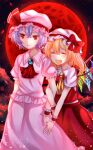  2girls aozora_nan arm_hug ascot blonde_hair closed_eyes closed_mouth collared_shirt cowboy_shot crystal flandre_scarlet frilled_shirt frilled_shirt_collar frilled_sleeves frills full_moon hair_between_eyes hat hat_ribbon highres medium_hair mob_cap moon multicolored_wings multiple_girls no_wings one_side_up open_mouth pink_headwear pink_shirt pink_skirt puffy_short_sleeves puffy_sleeves purple_hair red_eyes red_moon red_ribbon red_skirt red_vest remilia_scarlet ribbon shirt short_sleeves siblings sisters skirt skirt_set teeth touhou upper_teeth_only vest white_headwear white_shirt wings yellow_ascot 
