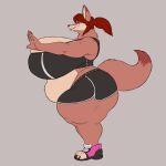  anthro athletic_wear belly_overhang big_breasts big_butt blueryker bottomwear breasts butt canid canine clothing dipstick_tail double_chin female fox gym_bottomwear gym_clothing gym_shorts hair hi_res huge_breasts huge_thighs love_handles mammal markings overweight overweight_female pink_nose ponytail raised_arm red_hair shorts side_view smile solo summer_(blueryker) tail tail_markings thick_calves thick_neck thick_thighs underbutt 
