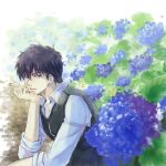  1boy between_fingers black_hair black_vest blue_eyes blue_flower cigarette flower frown gintama hijikata_toushirou holding holding_cigarette hydrangea long_sleeves male_focus muraki_kazuha shirt short_hair smoke solo vest white_shirt 