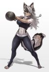  anthro bodily_fluids braided_hair claws clothing exercise female fur green_eyes hair hi_res leggings legwear multicolored_body multicolored_fur pgm300 solo sportswear sweat valtzi white_body white_fur workout 