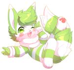  2021 4_fingers 4_toes aibou alpha_channel anthro black_nose blush clothing domestic_ferret falling feet female fingers fur generation_4_pokemon green_body green_eyes green_fur green_hair greeting hair half-closed_eyes hi_res hybrid legendary_pokemon looking_at_viewer mammal mustelid musteline narrowed_eyes niima_(shaymin) nintendo open_mouth pawpads paws pokemon pokemon_(species) shaymin simple_background solo striped_body stripes sweater toes tongue topwear transparent_background true_musteline weasel white_body white_fur 
