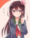  1girl black_cardigan blush brown_hair cardigan closed_mouth crescent crescent_pin food food_on_face green_sailor_collar hair_between_eyes hair_ornament itomugi-kun kantai_collection kisaragi_(kancolle) kisaragi_kai_ni_(kancolle) long_hair long_sleeves neckerchief open_cardigan open_clothes purple_eyes red_neckerchief sailor_collar school_uniform serafuku smile solo suggestive_fluid tongue tongue_out upper_body yogurt 