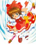  absurdres bow brown_hair cardcaptor_sakura child gloves green_eyes hair_between_eyes happy highres kero kinomoto_sakura magical_girl official_art open_mouth red_bow red_footwear scan short_hair wand white_gloves wings 