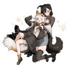 2girls absurdres animal_ears black_fur black_hair blonde_hair boots cleavage_cutout closed_mouth clothing_cutout dog_ears dog_girl dog_tail dress fox_ears fox_girl fox_tail grey_eyes highres long_hair looking_at_viewer medium_hair multicolored_fur multiple_girls one_eye_closed open_mouth original red_eyes shisantian simple_background skindentation skirt smile tail thighhighs white_background white_fur white_hair yellow_fur 