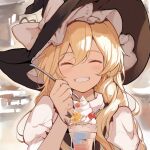  1girl asakura_maru black_headwear black_vest blonde_hair blush braid closed_eyes facing_viewer food grin hair_between_eyes hat holding holding_spoon kirisame_marisa long_hair parfait shirt short_sleeves single_braid smile solo spoon touhou upper_body vest white_shirt witch_hat 