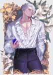  1boy absurdres bara black_pants blue_eyes blue_flower blue_rose closed_mouth collared_shirt floral_background flower highres holding holding_flower large_pectorals leon_s._kennedy lily_(flower) male_focus muscular muscular_male official_alternate_costume on_(isk1812) pants pectorals purple_flower purple_rose renaissance_clothes resident_evil resident_evil_4 resident_evil_4_(remake) rose shirt short_hair solo white_flower white_hair white_lily white_shirt 
