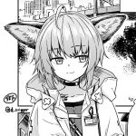  1girl ahoge animal_ears arknights building choker city cropped gou_(double_trigger) greyscale hood id_card jacket medium_hair monochrome open_clothes open_jacket signature smile solo sussurro_(arknights) twitter_username upper_body 