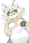  2023 4_fingers absurd_res anthro blush bodily_fluids breasts canid canine canis claws digital_media_(artwork) domestic_dog fangs featureless_breasts female female_anthro finger_claws fingers fur green_eyes grey_body grey_fur hair hi_res japanese_text kemono low-angle_view mammal multicolored_body multicolored_fur multicolored_hair nude open_mouth pawpads paws sharp_teeth shiba_inu solo spitz sue36v sweat sweatdrop tan_body tan_fur tan_hair teeth text tongue translation_request white_body white_fur white_hair 