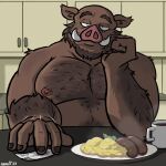  1:1 anthro beverage chubby_male coffee food hand_on_chin hi_res kitchen male mammal mature_male meat musclegut muscular muscular_male nanoff sausage shirtless sitting solo suarez_(nanoff) suid suina sus_(pig) wild_boar 