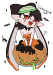  1girl 2023 :d bare_shoulders bat_(animal) black_cat black_gloves black_hair black_pantyhose bow-shaped_hair breasts callie_(splatoon) cat cleavage colored_tongue coula_cat cross-shaped_pupils detached_collar earrings facepaint fangs full_body ghost gloves halloween heart highres jack-o&#039;_challenge jewelry jumpsuit long_hair looking_at_viewer mole mole_under_eye multicolored_hair open_mouth orange_hair orange_jumpsuit orange_tongue pantyhose pointy_ears red_eyes red_pupils short_jumpsuit simple_background small_breasts smile solo sparkle splatoon_(series) splatoon_3 strapless strapless_jumpsuit symbol-shaped_pupils teeth tentacle_hair two-tone_hair very_long_hair white_background 