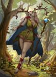  anthro antlers barefoot breasts cloak clothed clothing deer detailed_background digital_media_(artwork) druid feet female forest hair hi_res holding_object horn jakeseeker looking_at_viewer magic_user mammal outside plant smile solo staff standing tree tribal_spellcaster weapon 