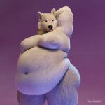  2023 3d_(artwork) anthro belly belly_overhang big_belly big_moobs canid canine canis cheek_tuft cute_expression cute_eyes digital_media_(artwork) facial_tuft fangs fat_arms fat_rolls fluffy from_front_position fur hand_behind_head hi_res huge_belly looking_away male mammal moobs navel nude obese obese_anthro obese_male open_mouth overweight overweight_anthro overweight_male pinup pose purple_background rawethewolf simple_background solo standing teeth thick_arms thick_thighs tongue tongue_out tuft white_body white_fur wolf yellow_eyes 