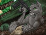  abs anthro athletic belt belt_buckle bottomwear canid canine canis cheek_tuft claws claws_out cliff clothing darkness35wolf digital_drawing_(artwork) digital_media_(artwork) dirt dirty facial_tuft fangs fluffy fluffy_ears fluffy_hair fluffy_tail gun hair hi_res male mammal mud muscular neck_tuft nipples pants pyndan ranged_weapon shaded soft_shading solo tail tank teeth tuft vehicle weapon wolf 