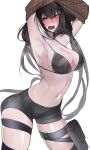  1girl armpits arms_up bad_anatomy bike_shorts bikini black_bikini black_hair breasts cleavage girls&#039;_frontline heterochromia highres long_hair looking_at_viewer low_twintails midriff multicolored_hair navel open_mouth ribbed_sweater ro635_(girls&#039;_frontline) short_shorts shorts streaked_hair swavigg sweater swimsuit thigh_pouch thigh_strap twintails undressing unworn_clothes white_background white_hair 