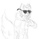  1:1 anonymous_artist anthro arctic_fox big_tail canid canine clothing eyewear fox fur greg_(greggerpegger) hand_in_pocket hoodie invalid_tag male mammal monochrome nose open_mouth pawpads paws pockets solo sunglasses sunglasses_on_face tail teeth topwear 