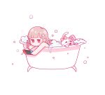  1girl absurdres bathtub chibi danganronpa_(series) danganronpa_2:_goodbye_despair ear_bow flipped_hair galaga hair_ornament handheld_game_console highres holding holding_handheld_game_console kokain_(heroin_jjba) medium_hair monomi_(danganronpa) nanami_chiaki nintendo_switch nude red_eyes simple_background white_background 