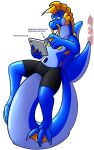  2022 3_toes 4_fingers air_valve alpha_channel animate_inanimate anthro balancing_on_tail barbel_(anatomy) big_tail black_bottomwear black_clothing black_shorts blue_body blue_eyes bottomwear cheek_frill clothing darkoverord digital_media_(artwork) dragon eastern_dragon english_text feet fingers flesh_whiskers frill_(anatomy) grey_pupils handles head_crest head_frill hi_res holding_object holding_tablet inflatable leaning_on_self living_inflatable looking_at_object male markings membrane_(anatomy) orange_markings pool_toy pupils rigel_(darkoverord) shorts simple_background smile solo spade_tail spread_toes tablet_computer tablet_pen tail text tight_bottomwear tight_clothing tight_shorts toes transparent_background webbed_feet yellow_membrane 