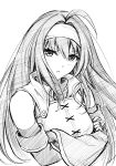  1girl ahoge breasts crossed_arms detached_sleeves fingerless_gloves fire_emblem gloves greyscale hair_between_eyes hairband long_hair looking_at_viewer medium_breasts mia_(fire_emblem) monochrome open_mouth simple_background sketch solo ten_(tenchan_man) turtleneck upper_body white_background 